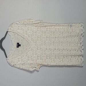 Vintage Women Lace Floral Top Size 2X White Ivory V Neck Short Sleeve Sheer Y2K
